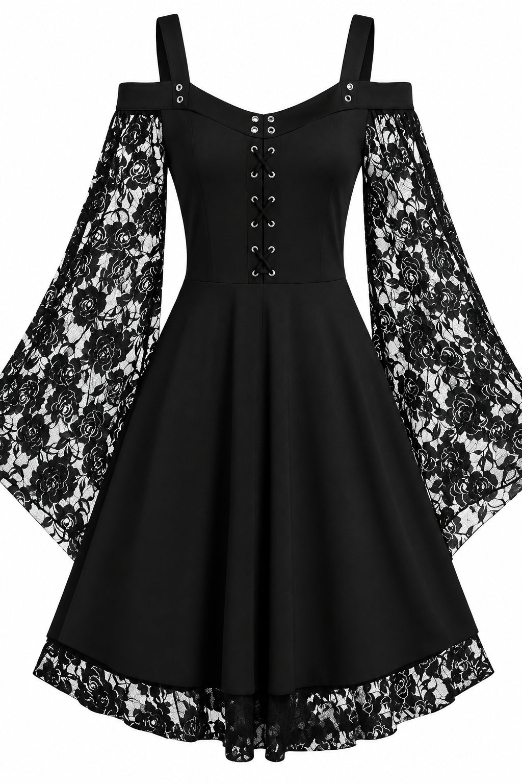 Rose Lace Bell Sleeve Cold-Shoulder Dress