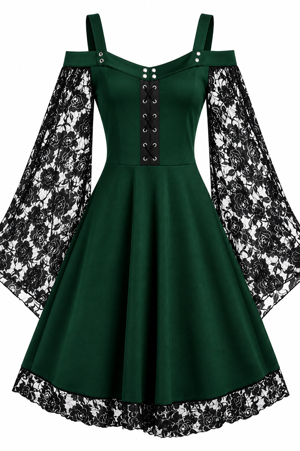 Rose Lace Bell Sleeve Cold-Shoulder Dress