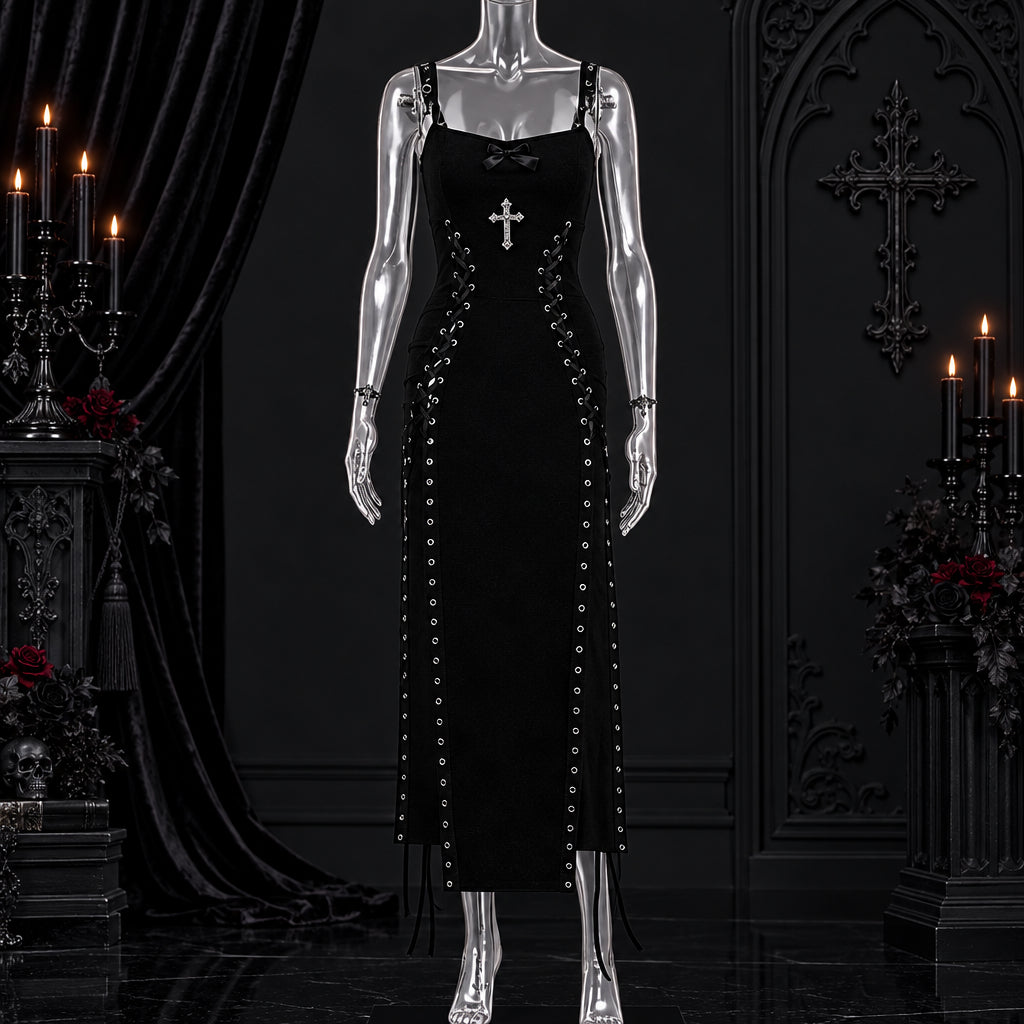Midnight Velvet Lace-Up Split Maxi Dress