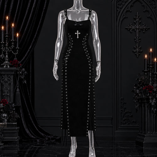 Midnight Velvet Lace-Up Split Maxi Dress