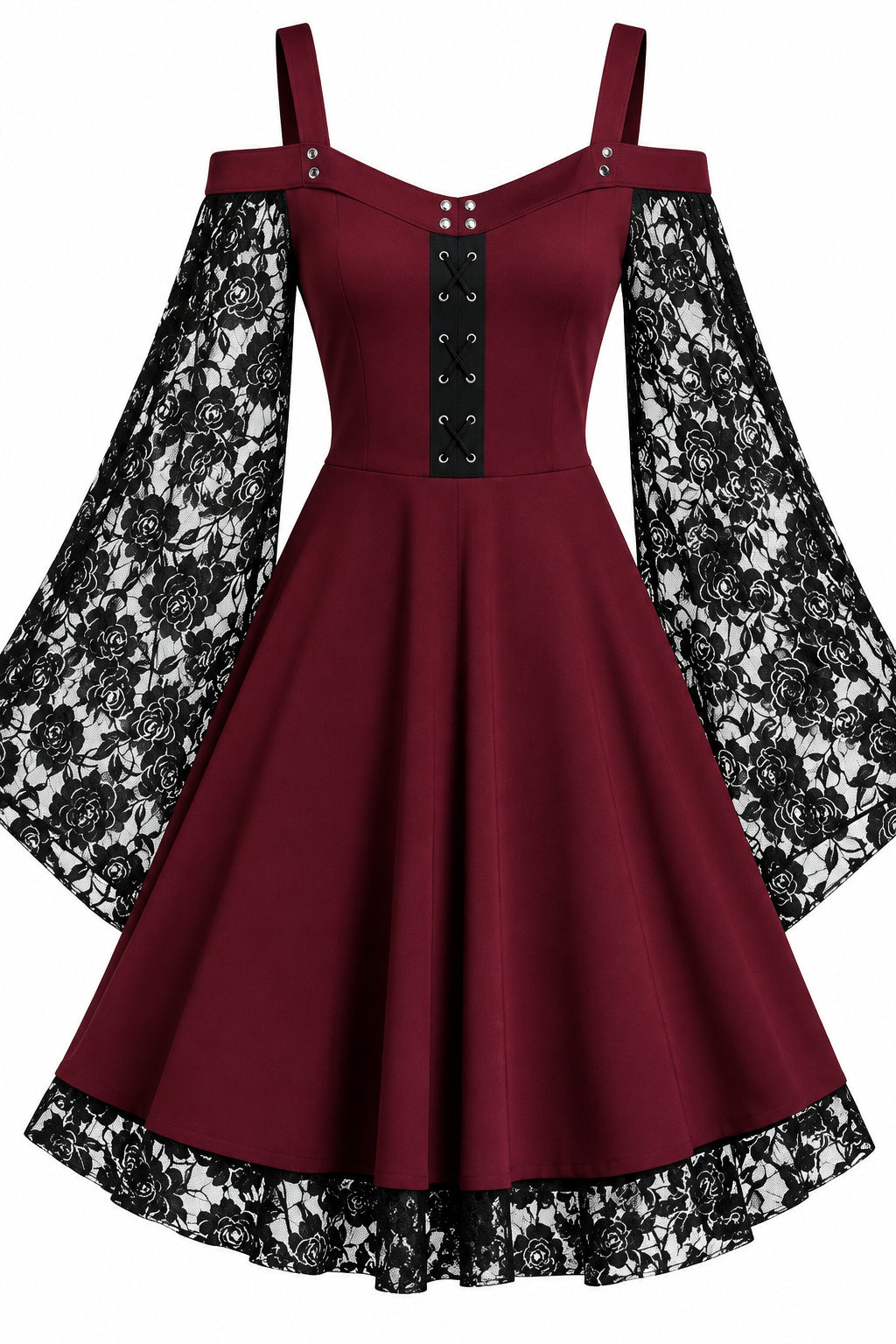 Rose Lace Bell Sleeve Cold-Shoulder Dress