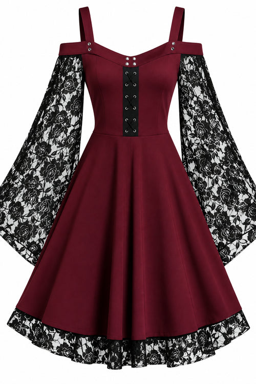 Rose Lace Bell Sleeve Cold-Shoulder Dress
